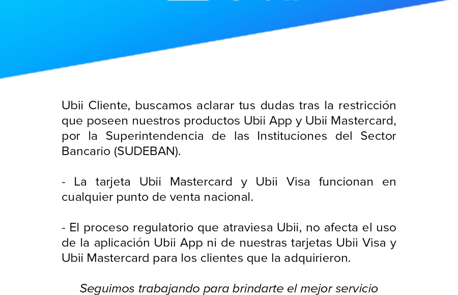Comunicado sobre el funcionamiento de Ubii Mastercard y Ubii App